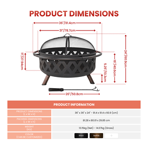 Brasero extérieur 36 pouces en treillis croisé, à bois, avec écran anti-étincelles et pioche, pour terrasse et jardin FP002 - Product Image 2