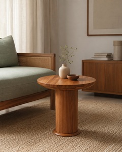 Round <b>Coffee</b> <b>Table</b> Teak Wood Top Pedestal <b>Leg</b> Design Natural Finish Living Room Apartment Hotel Model TAB47 - Product Image 2