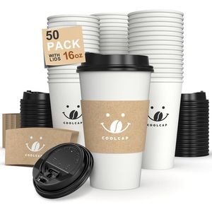 Bicchieri di Carta Bianchi da 16 oz con Coperchi, Confezione da 50 per Bevande Calde e Fredde, Include Manicotti Isolanti - Product Image 1