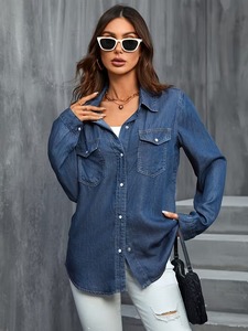 Camisa vaquera unisex con nudo, informal, de manga larga, a la moda, con botones, lavada, de corte ajustado, estilo urbano, elegante y ligera. - Product Image 4