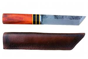 Cuchillo Utilitario Hecho a Mano al Estilo Japonés, Forjado a Mano, con Mango de Resina Ámbar y Funda de Cuero Repujado - Product Image 2