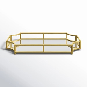 Plateau de vanité rectangulaire moderne en métal doré miroir pour parfums et bijoux – Élégant plateau de maquillage en verre et fil doré - Product Image 1