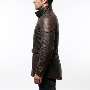 Men's Brown Genuine Leather <b>Jacket</b> Vintage Style Double Breasted Turn-down Collar Chain Decoration - Product Image 2