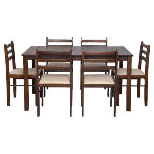 Juego de comedor de 6 sillas y 1 mesa hecho de madera de teca de alta calidad en color marrón oscuro con tapicería para uso en interiores en el comedor. - Product Image 5