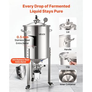 Fermentatore Secondario Conico Tutto-in-Uno in Acciaio Inox da 60L (16 Galloni) con Pressione di 15 PSI e Tubo di Raffreddamento per la Coltura del Lievito - Product Image 4