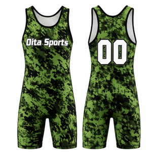 Combinaison de lutte sublimée camouflage vert pour hommes, en polyester, sans manches, uniforme sportif athlétique, tenue d'entraînement pour les matchs de lutte - Product Image 1