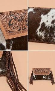 Women's Hand Tooled Leather Clutch Flap <b>Wallet</b> Fringe Purse Cow Pattern Western Fashion Bag for Daily Use - Product Image 3