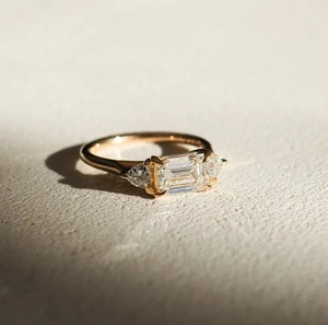 2 TC Emerald Cut Lab Grown <b>Diamond</b> Three Stone <b>Ring</b> East West Setting 14K Yellow Gold Trilliant Side Stones Bridal <b>Ring</b> - Product Image 3