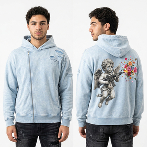 Sudadera con Capucha Azul Claro con Efecto Desgastado y Estampado Gráfico de Cupido, Estilo Urbano para Hombre, Sudadera Oversize con Rasgaduras, Fabricación Personalizada - Product Image 1