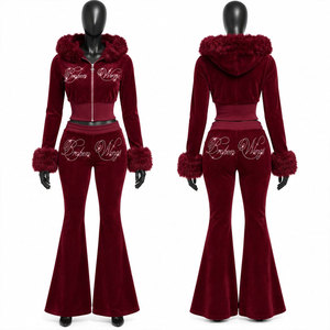 Women's Burgundy Velvet Hooded Tracksuit Set Full Sleeve Zipper Front <b>Glitter</b> Print <b>Flared</b> Pants Sexy Winter Wear - Product Image 1
