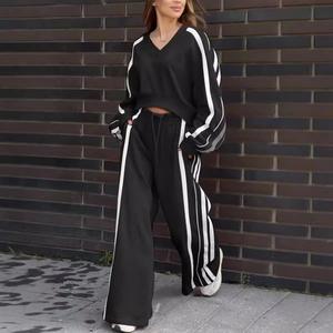 2026 Spring Autumn Custom Logo Striped Tracksuits Casual Loose Fit <b>Bow</b> Collar Long Sleeve Two-Piece Pants Set Women Side Stripe - Product Image 6