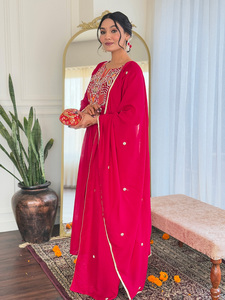 Women's <b>Red</b> Vichitra Silk Embroidered <b>Flared</b> Kurta with Rayon Pant And Chinon Embroidered Dupatta Sets - Product Image 2