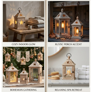 <b>Set</b> of 2 Rustic Wooden Lanterns Farmhouse Style Star Cutout <b>Candle</b> Holders Indoor Outdoor Vintage Home Decor with Handle - Product Image 2