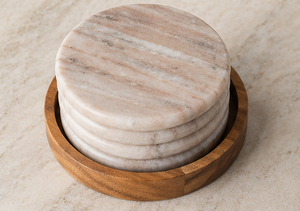 Luxury Eco-Friendly Durable White Marble Coaster Set Acacia Wood Holder Handmade Stone Drink Coasters Table Protection Decor - Product Image 4