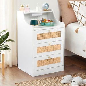 Comodino in Rattan con Maniglia Dorata Affusolata e 3 Cassetti 45x35x73cm in Truciolato Bianco Finitura Opaca - Product Image 3