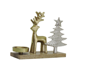 Porte-bougie de Noël avec rennes dorés et arbre à étoiles argenté sur base en bois - Décoration de table festive pour les fêtes - Product Image 1