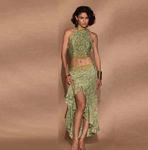 Ensemble coordonné à imprimé floral pour femme – Haut court dos nu à nouer avec jupe à volants asymétrique – Assortiment - Product Image 1