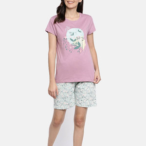 Ensemble t-shirt et short pour femme, imprimé floral rose, col rond, décontracté, printemps-été, 100% coton, respirant, coupe classique - Product Image 1