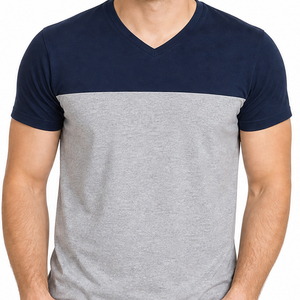 Camiseta clásica de hombre con cuello en V en dos colores, azul marino y gris claro, con logo personalizado, camiseta colorblock en blanco. - Product Image 2