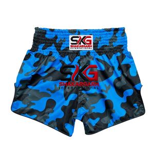 Shakargarh Blaue Camo Boxershorts für Herren, Leichte Atmungsaktive Schnelltrocknende Polyester-Satin Kickbox-Trainingsausrüstung - Product Image 1