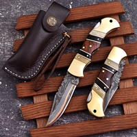 Couteau pliant en acier Damas cuivré, à verrouillage arrière, manche en bois et laiton, avec étui en cuir, Cu Mai EDC, couteau de camping OEM, vente chaude