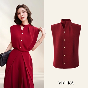 Blusa Roja sin Mangas para Mujer, Cuello Mandarín, Botones al Frente, Satén Elegante, para Oficina, Color Sólido, Corte Regular, MIRANDA - Product Image 1