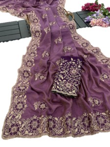 Sari en soie de mousseline violette avec motif floral brodé, sari indien traditionnel pour mariage, pour femmes, longueur standard, toutes saisons - Product Image 6
