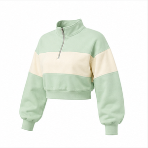 Sudadera Corta Personalizable Verde Menta para Mujer, Corte Holgado, Media Cremallera, Cuello Alto, Algodón Peinado - Product Image 2