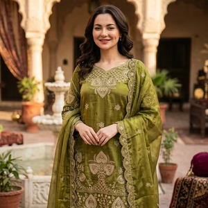 Stylish Silk <b>Kurti</b> Set – Heavy Sequence Work Top with Pant & Dupatta - Product Image 1