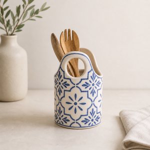 Porte-ustensiles en céramique peint à la main, motif marocain, grès émaillé, résistant à la chaleur, organisateur de cuisine, rangement décoratif - Product Image 1