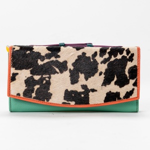 Unisex Casual Genuine Cowhide fur Leather animal print Card Holder Malty Color <b>Zipper</b> Closure <b>Wallet</b> with Patchwork Design - Product Image 2