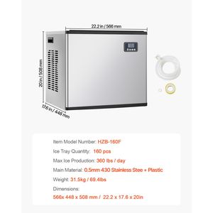 Macchina Professionale per il Ghiaccio in Acciaio Inossidabile, 360 Libbre/Giorno, Autopulente, con Programma di Produzione Ghiaccio Regolabile - Product Image 5