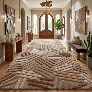 Alfombra Moderna de Lana con Diseño Geométrico, Alfombra Anudada a Mano, Alfombra Abstracta Beige Marrón, Alfombra Contemporánea para Decoración de Sala de Estar y Dormitorio - Product Image 1