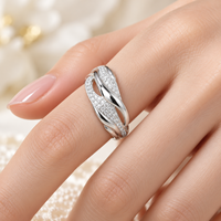 Bague en argent sterling 925 avec zircon, feuilles pavées et arcs torsadés polis, motif feuille croisée