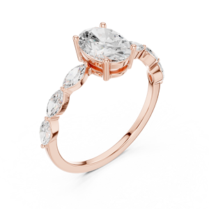 Anillo de Compromiso Ovalado de Oro Rosa de Lujo con Piedras Laterales Marquise, Elegante Anillo de Boda para Mujer - Product Image 3