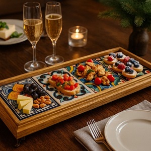 Rectangular Wooden Serving Tray With Mediterranean <b>Tile</b> Design For <b>Table</b> Decor - Product Image 1