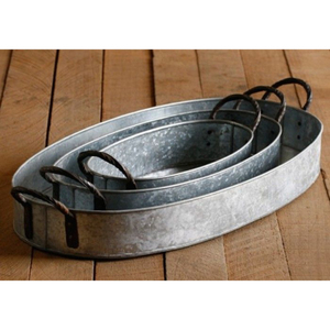 Bandeja ovalada de metal galvanizado de alta calidad con asas de hierro, bandeja decorativa vintage para el hogar y la cocina, para uso en interiores y exteriores. - Product Image 5