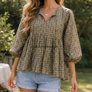 เสื้อคุर्ติสั้นลำลองสำหรับฤดูร้อนสำหรับผู้หญิง ผลิตจากผ้าฝ้าย 100% พิมพ์ลายด้วยมือ ยั่งยืนต่อสิ่งแวดล้อม จาก Wholesale Indus Art & Emporium - Product Image 5