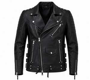 <b>Men's</b> Black Leather <b>Biker</b> <b>Jacket</b> Slim Fit Zipper Closure Turn-down Collar Eco-friendly Front Logo Winter Wear - Product Image 1