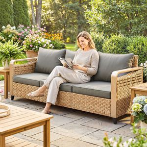 3-Seater <b>Rattan</b> Wicker <b>Outdoor</b> Patio <b>Sofa</b> with Waterproof Cushions Gray Garden Set for Sports Venues Backyard Porch Garden - Product Image 2