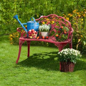 Outdoor Cast Aluminum Rose Pattern Red Patio Bench with Curved Legs for Porch or Deck - Product Image 4