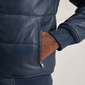 Chaqueta Bomber de Cuero Azul Marino para Hombre, Acolchada, con Dobladillo Acanalado, Cuello Alto, Cálida, Ajustada, Estilo Motero - Product Image 5