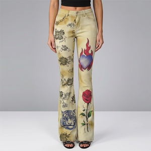 Flare Enzyme Wash Spandex Cotton Women's Cotton Fleece floral printed washed Sweatpants for women - Product Image 2