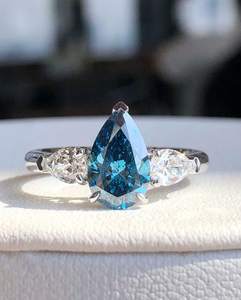 Hot Selling Blue Pear Cut Cubic Zirconia Engagement Ring 14K Solid Gold Three Stone Wedding Ring Fancy Jewelry <b>Gifts</b> For Women's - Product Image 1