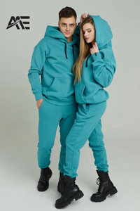 Private <b>Label</b> 100% Cotton Matching Men Women Turquoise Hooded Sweatsuit Set Fleece Jogger Tracksuit OEM Manufacturer - Product Image 2