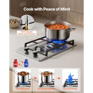 Piano Cottura a Gas Incasso a 2 Fuochi in Acciaio Inox, 12 Pollici, Max 12250 BTU, Convertibile GPL/Gas Naturale, Doppio Combustibile - Product Image 4