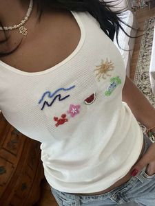 เสื้อกล้ามลูกปัดลายชายหาดฤดูร้อนสำหรับผู้หญิง ผ้าคอตตอนริบบ์ คอกว้าง แฟชั่นสากล ขายส่ง - Product Image 1