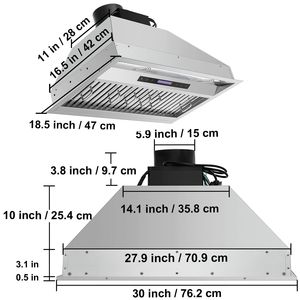 Cappa aspirante da incasso 900CFM a 4 velocità, 30 pollici, in acciaio inossidabile, con controllo touch, telecomando, luci LED e deflettore di scarico - Product Image 4