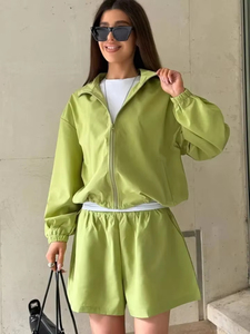 ชุดเซ็ทเสื้อผ้ากีฬาผู้หญิงสองชิ้น แขนยาว ซิป ผ้าตาข่าย 140 กรัม ทรงหลวม สีพื้น ผ้าโพลีเอสเตอร์ทอ สำหรับฤดูใบไม้ผลิและฤดูร้อน - Product Image 2