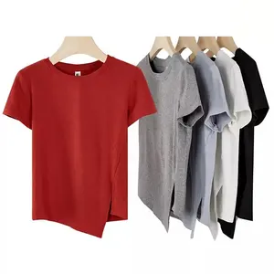 2024 नई डिजाइन उच्च गुणवत्ता वाले कस्टम बांस स्पैन्डेक्स कपड़े ढीले-फिट ओ गर्दन टी-शर्ट कर्व्ड महिला टी शर्ट